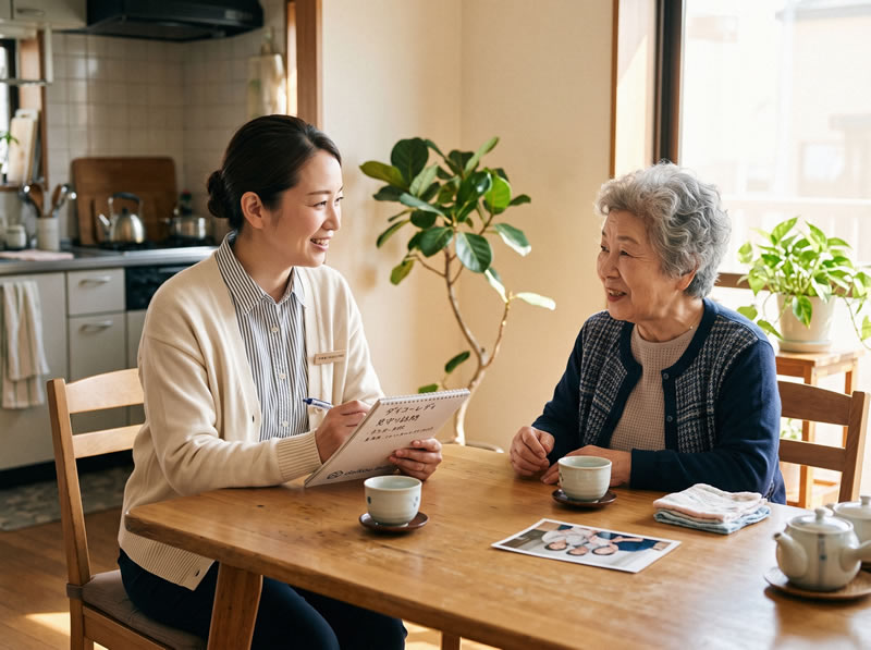 女性スタッフがお客様のご自宅でお話を伺っている様子